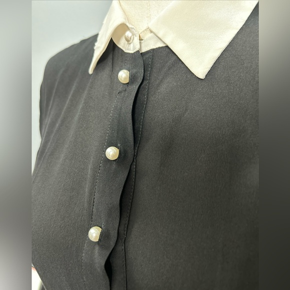 Beulah Silk Pleated Black White Collared Below Knee Dress, Size M - Picture 12 of 16